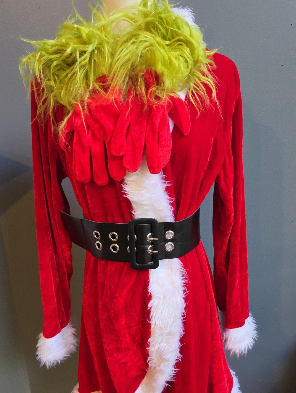 Women's Red Velvet Holiday Robe with White Faux Fur Trim/ Black Belt And Gloves